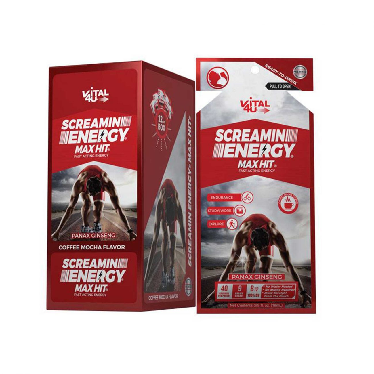 Screamin Energy Max Hit - Ginseng Energy Shot, Coffee Mocha Flavored, by Vital 4U - 12/0.5oz Packs - Image 1