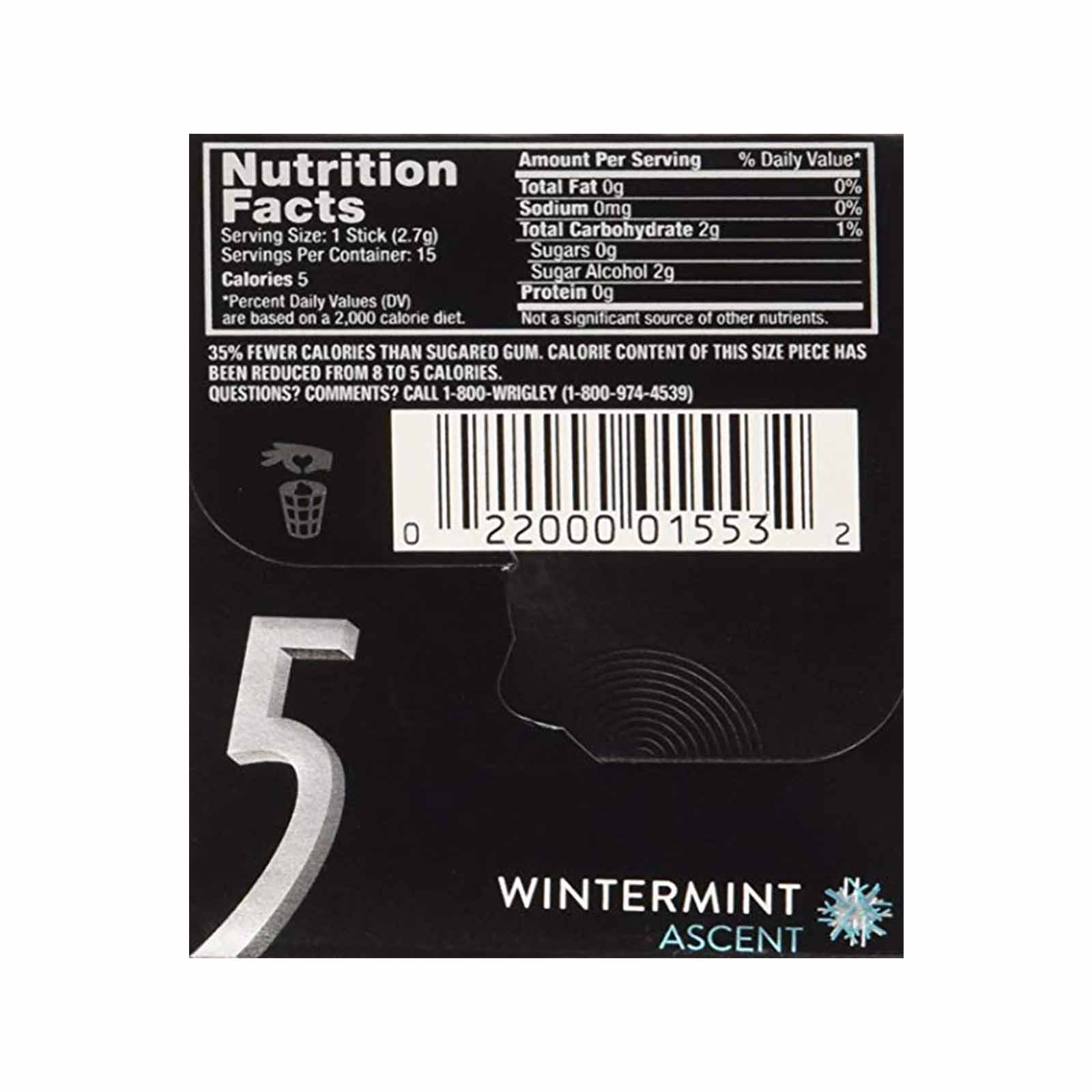 5 Gum Wintermint Ascent Sugarfree Chewing Gum, 15-Stick Pack