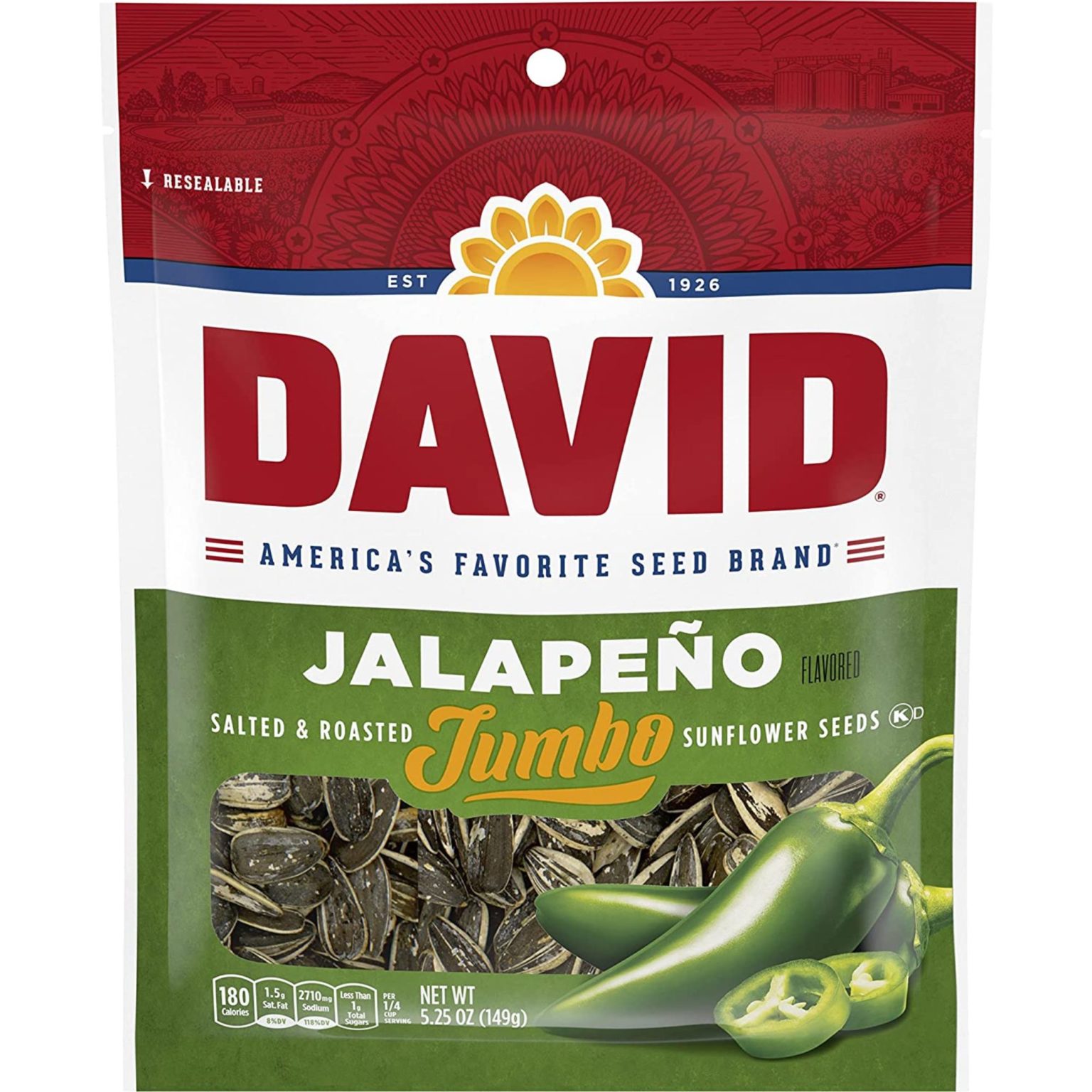 David Jumbo Roasted and Salted Jalapeno Sunflower Seeds, 5.25oz, 12ct - Image 1