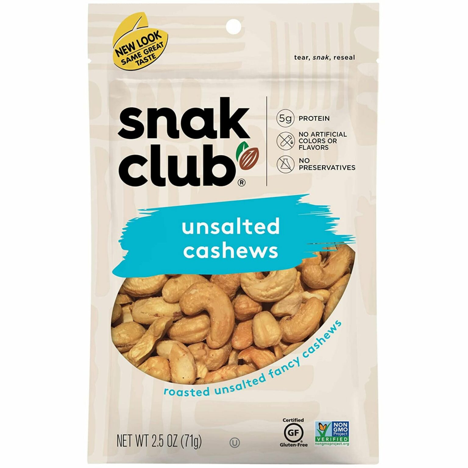 Snak Club Roasted & Unsalted Cashews 2.5 oz, 6 CT - Image 1