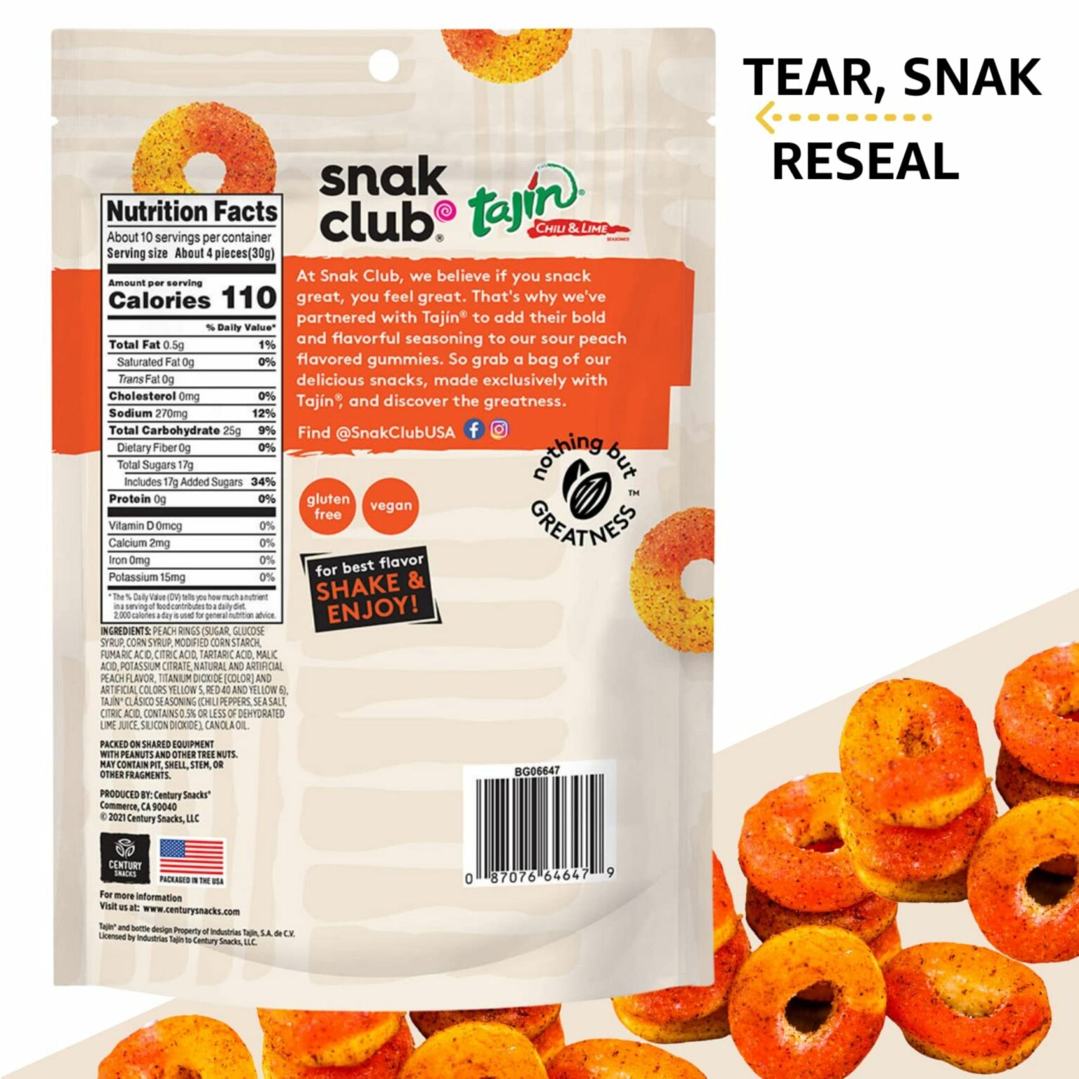 Snak Club Tajin Peach Rings Chili & Lime 5oz, 6 CT - Image 2