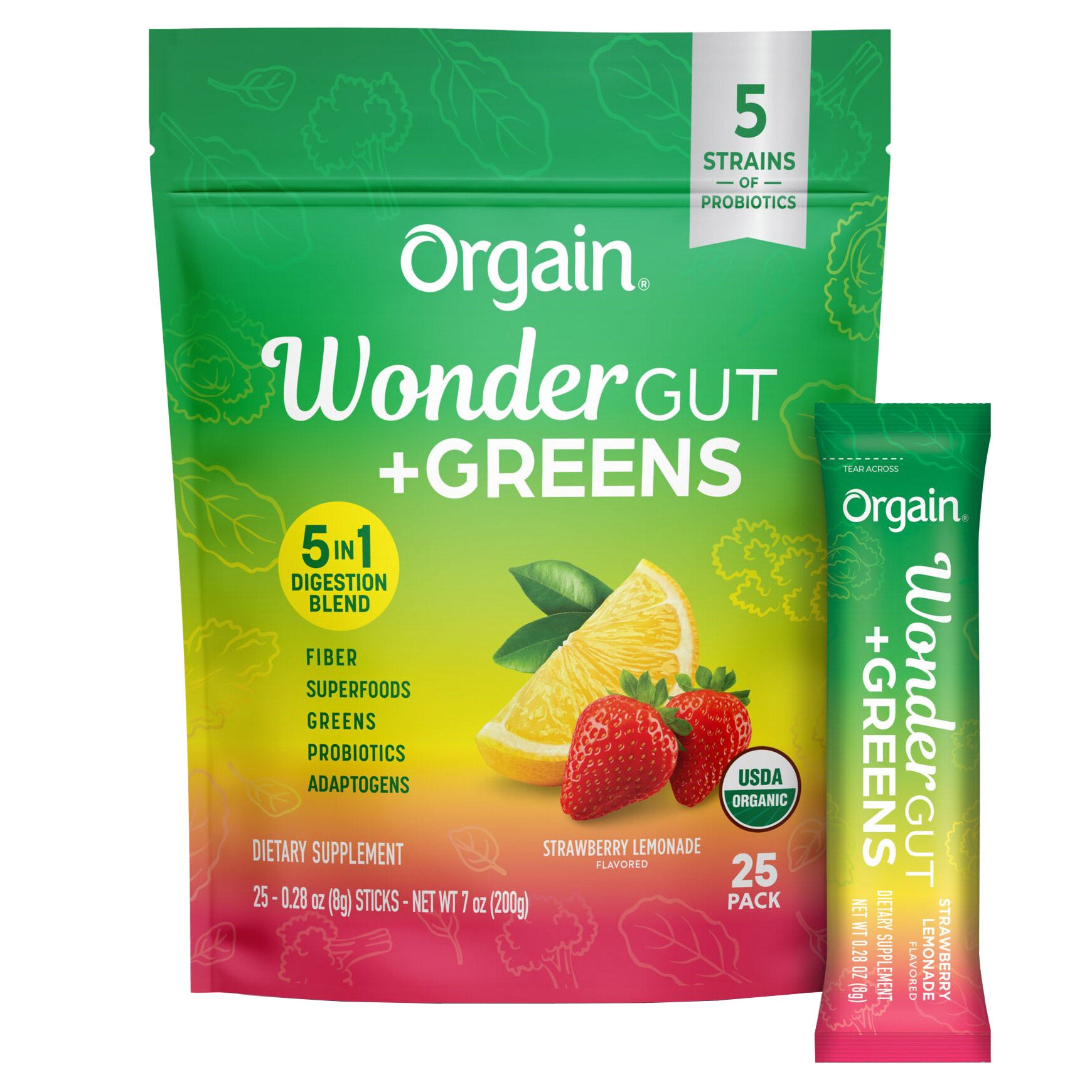 1900940-847__1.jpg Orgain Wonder Gut Greens, Strawberry Lemonade, 25 Stick Packs